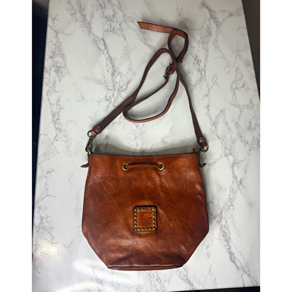 Campomaggi Brown Crossbody Bag Drawstring Studded Detachable Strap Gold